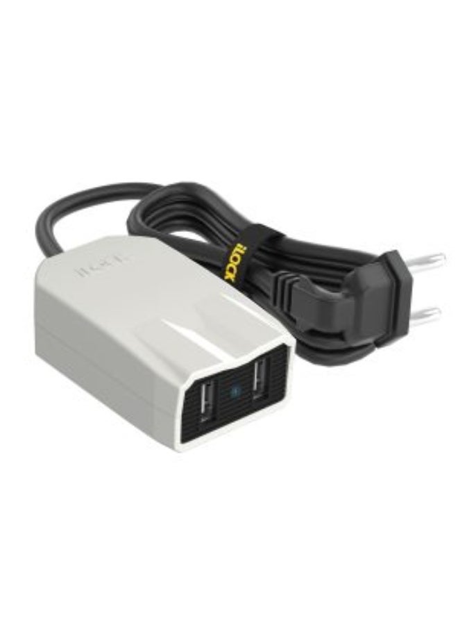 iLOCK Charging head with a 1.5-meter power cable, supporting two USB ports and 15W charging. Fire-resistant construction materials with a one-year warranty against manufacturing defects.