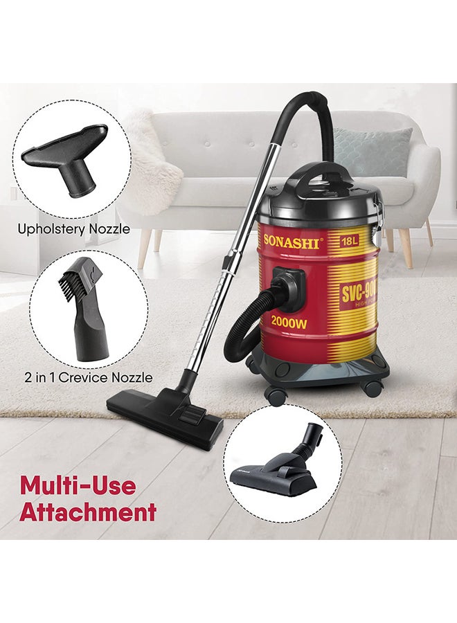 SONASHI 18L Drum Vacuum Cleaner with Multi Filtration System | Big Dust Capacity with Strong Suction and Super Low Noise | Easy Moveable with Wheels | Dust Full Indicator 2000 W SVC-9007DN Red/Black - Image 4