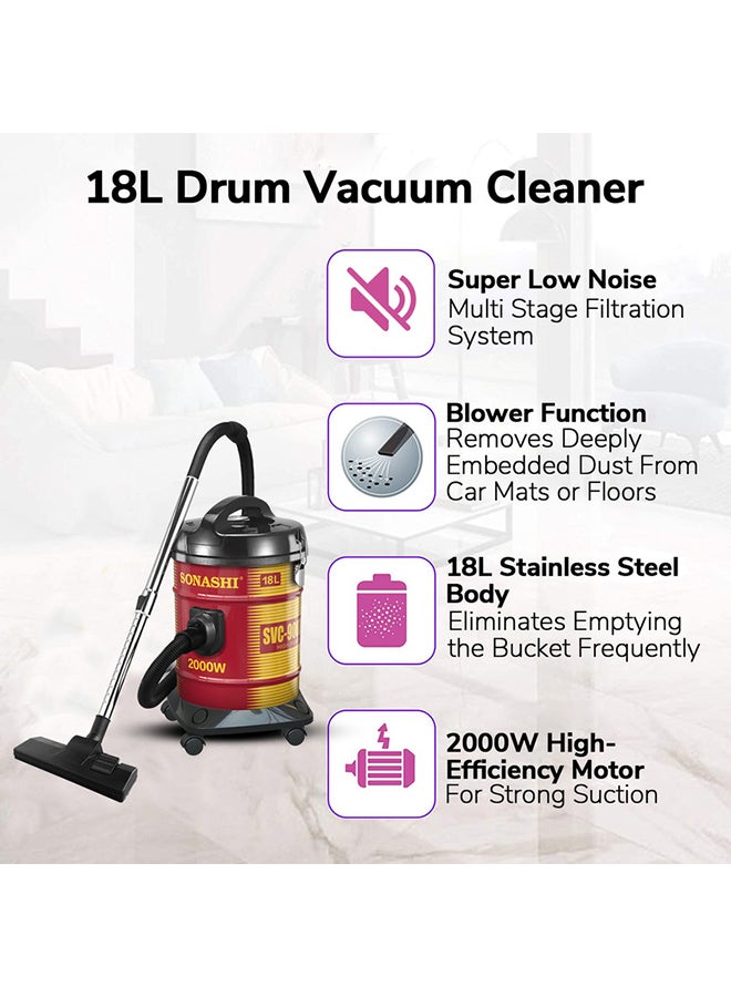 SONASHI 18L Drum Vacuum Cleaner with Multi Filtration System | Big Dust Capacity with Strong Suction and Super Low Noise | Easy Moveable with Wheels | Dust Full Indicator 2000 W SVC-9007DN Red/Black - Image 5