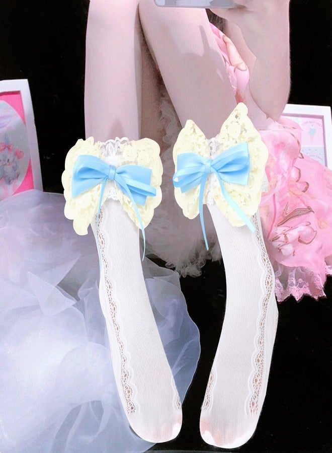 Violet Mist White Lace Ruffle Crew Socks for Women Novelty Cute Frilly Cotton Dress Socks with Stain Bow Kawaii Pretty Lolita Socks Princess Socks Lace Lettuce Trim Socks Decorative Socks Gifts, Blue - Image 4