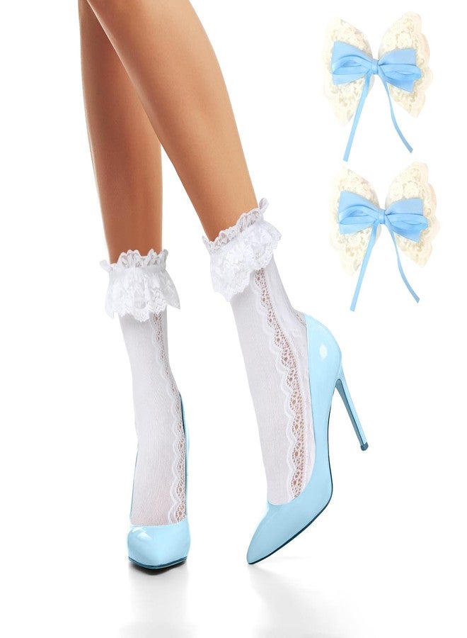 Violet Mist White Lace Ruffle Crew Socks for Women Novelty Cute Frilly Cotton Dress Socks with Stain Bow Kawaii Pretty Lolita Socks Princess Socks Lace Lettuce Trim Socks Decorative Socks Gifts, Blue - Image 3
