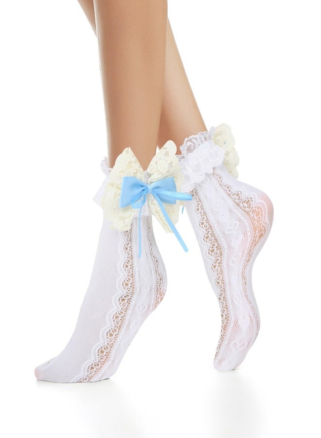 Violet Mist White Lace Ruffle Crew Socks for Women Novelty Cute Frilly Cotton Dress Socks with Stain Bow Kawaii Pretty Lolita Socks Princess Socks Lace Lettuce Trim Socks Decorative Socks Gifts, Blue - Image 1