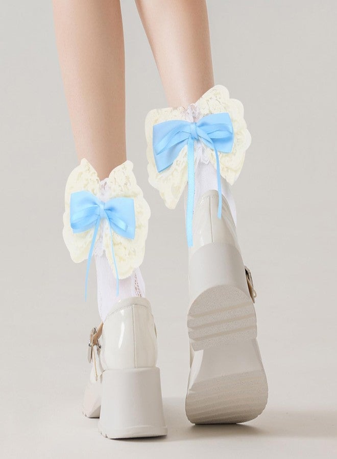 Violet Mist White Lace Ruffle Crew Socks for Women Novelty Cute Frilly Cotton Dress Socks with Stain Bow Kawaii Pretty Lolita Socks Princess Socks Lace Lettuce Trim Socks Decorative Socks Gifts, Blue - Image 5