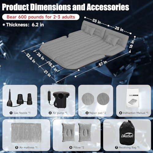 DikaSun Inflatable SUV Air Mattress Bed Car Mattress for SUV, Double-Sided Flocking Travel Camping Bed, Car Sleeping Mattress for Universal SUV with Air Pump 2 Pillows - Image 5