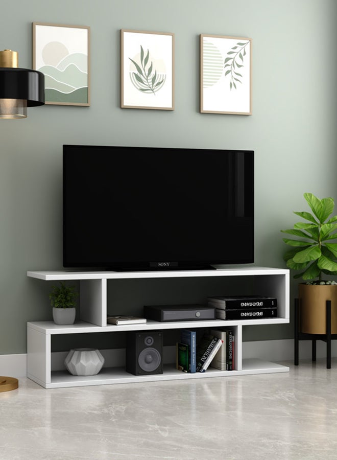 RIGID Wooden S-Shaped TV Console Stand, Modern Entertainment Unit with Open Shelves Storage for Living Room, Bedroom, Home Office (DIY Assembly, White, 30D x 110W x 45H CM) - Image 1