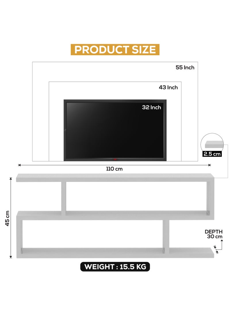 RIGID Wooden S-Shaped TV Console Stand, Modern Entertainment Unit with Open Shelves Storage for Living Room, Bedroom, Home Office (DIY Assembly, White, 30D x 110W x 45H CM) - Image 2