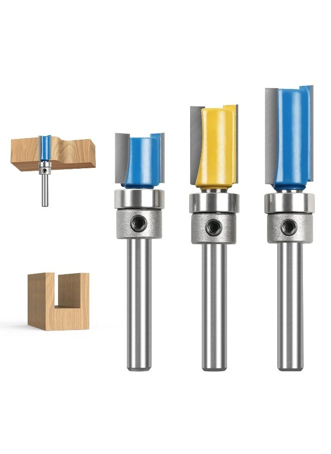 Straight Router Bit Set, 3PCS 1/4 Shank Flush Trim Router Bit, Pattern Flush Trim Router Bits Set, Milling Cutter Tool with Top Bearing for Carpenter DIY Woodworking