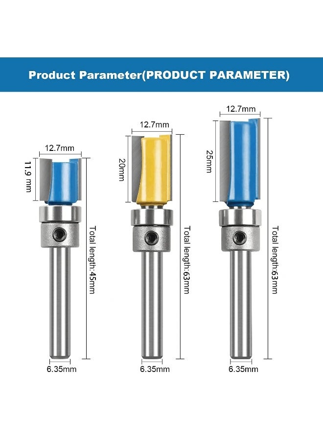 Straight Router Bit Set, 3PCS 1/4 Shank Flush Trim Router Bit, Pattern Flush Trim Router Bits Set, Milling Cutter Tool with Top Bearing for Carpenter DIY Woodworking