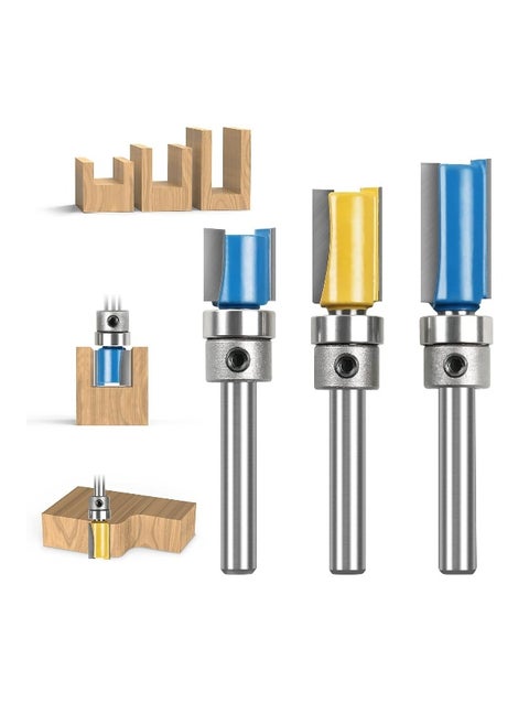 Straight Router Bit Set, 3PCS 1/4 Shank Flush Trim Router Bit, Pattern Flush Trim Router Bits Set, Milling Cutter Tool with Top Bearing for Carpenter DIY Woodworking