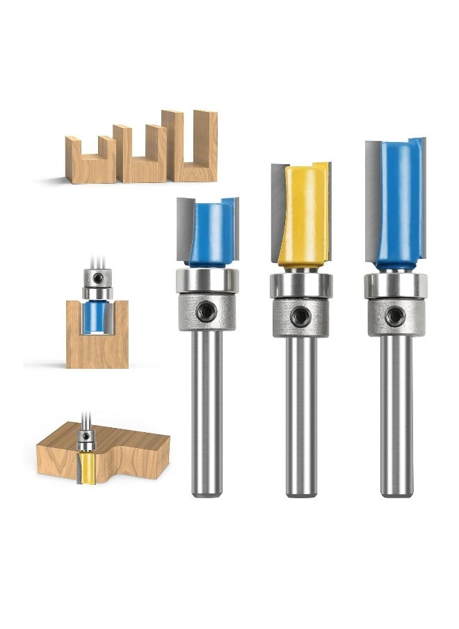 Straight Router Bit Set, 3PCS 1/4 Shank Flush Trim Router Bit, Pattern Flush Trim Router Bits Set, Milling Cutter Tool with Top Bearing for Carpenter DIY Woodworking