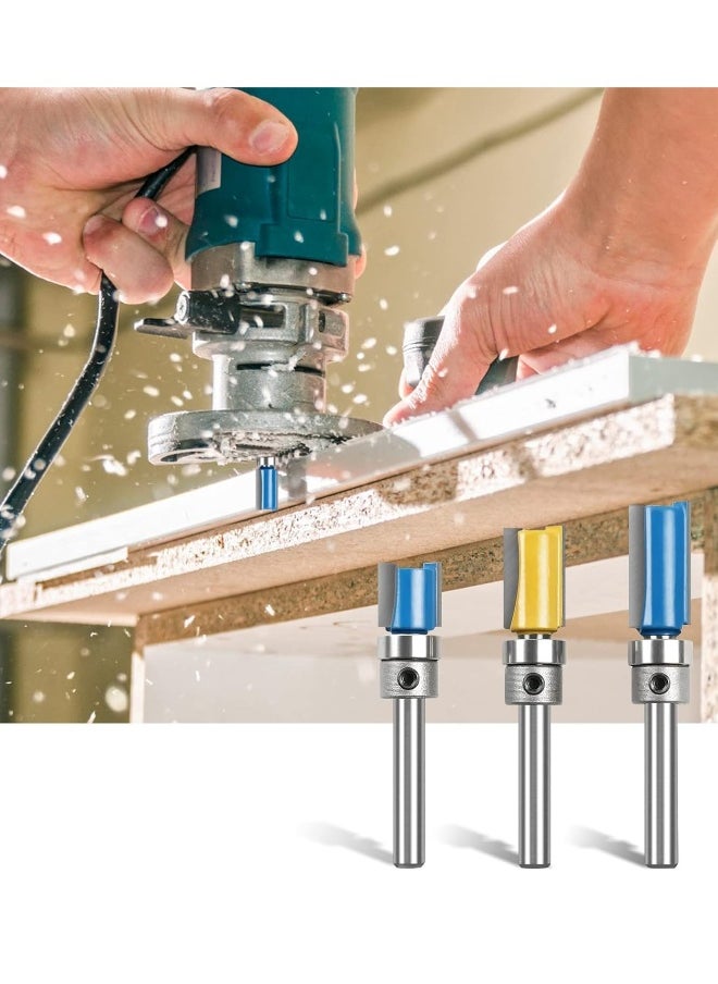 Straight Router Bit Set, 3PCS 1/4 Shank Flush Trim Router Bit, Pattern Flush Trim Router Bits Set, Milling Cutter Tool with Top Bearing for Carpenter DIY Woodworking