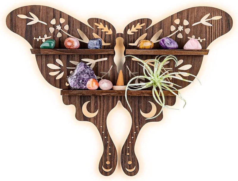 ANROYE Luna Moth Crystal Shelf Display, Boho Pine Wood Wall Floating Shelves with Light for Gem Stone Essential Oil Storage, Bohemian Wooden Butterfly Hanging Witch Rustic Decor Holder - Image 1