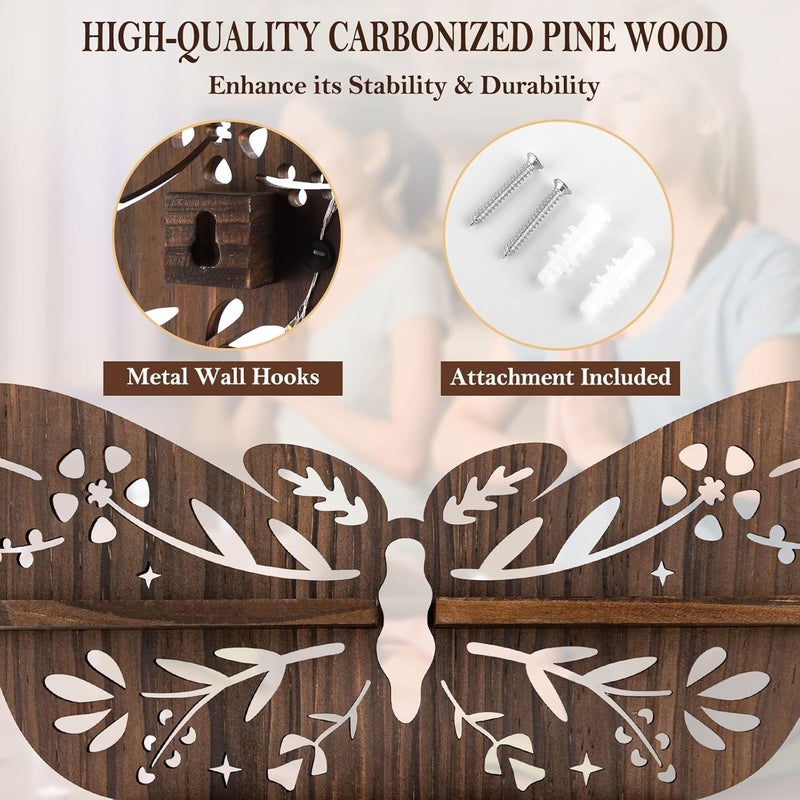 ANROYE Luna Moth Crystal Shelf Display, Boho Pine Wood Wall Floating Shelves with Light for Gem Stone Essential Oil Storage, Bohemian Wooden Butterfly Hanging Witch Rustic Decor Holder - Image 4