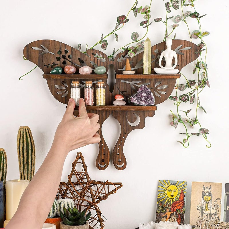 ANROYE Luna Moth Crystal Shelf Display, Boho Pine Wood Wall Floating Shelves with Light for Gem Stone Essential Oil Storage, Bohemian Wooden Butterfly Hanging Witch Rustic Decor Holder - Image 2