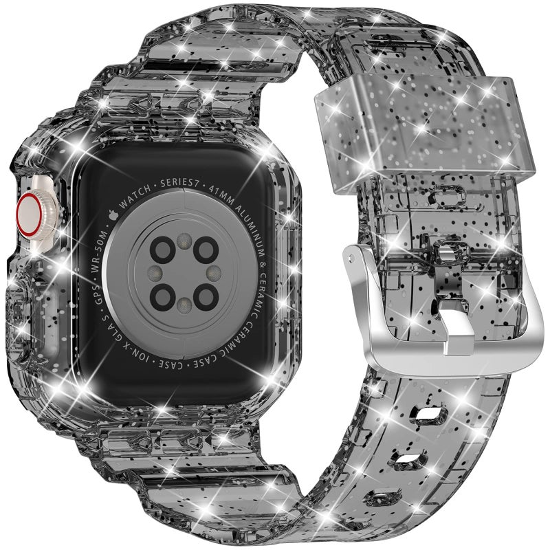 XYF Compatible for Crystal Clear Apple Watch Bands, 45mm 44mm 42mm Bumper Case for Men Women Jelly Sport Cover Strap for iWatch Ultra 3 2 Series 11 10 9 8 7 SE 6 5 4 3 (Glitter Black, 42/44/45) - Image 2