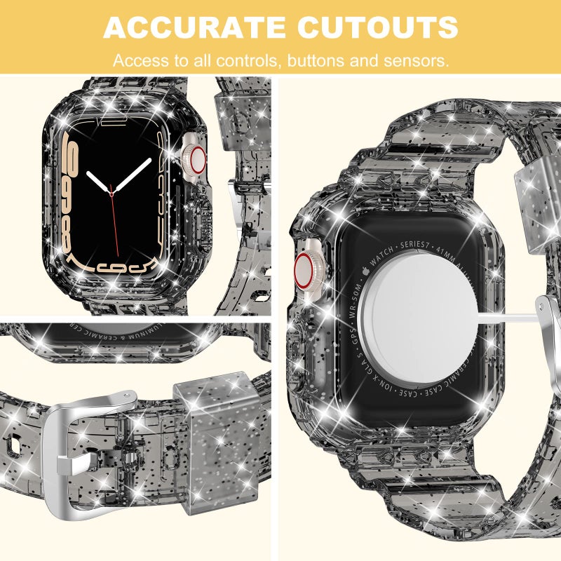 XYF Compatible for Crystal Clear Apple Watch Bands, 45mm 44mm 42mm Bumper Case for Men Women Jelly Sport Cover Strap for iWatch Ultra 3 2 Series 11 10 9 8 7 SE 6 5 4 3 (Glitter Black, 42/44/45) - Image 4