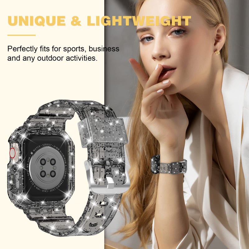 XYF Compatible for Crystal Clear Apple Watch Bands, 45mm 44mm 42mm Bumper Case for Men Women Jelly Sport Cover Strap for iWatch Ultra 3 2 Series 11 10 9 8 7 SE 6 5 4 3 (Glitter Black, 42/44/45) - Image 5