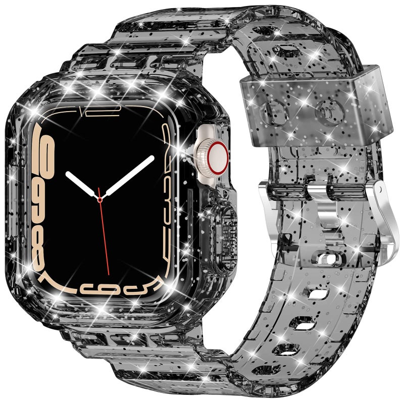 XYF Compatible for Crystal Clear Apple Watch Bands, 45mm 44mm 42mm Bumper Case for Men Women Jelly Sport Cover Strap for iWatch Ultra 3 2 Series 11 10 9 8 7 SE 6 5 4 3 (Glitter Black, 42/44/45) - Image 1