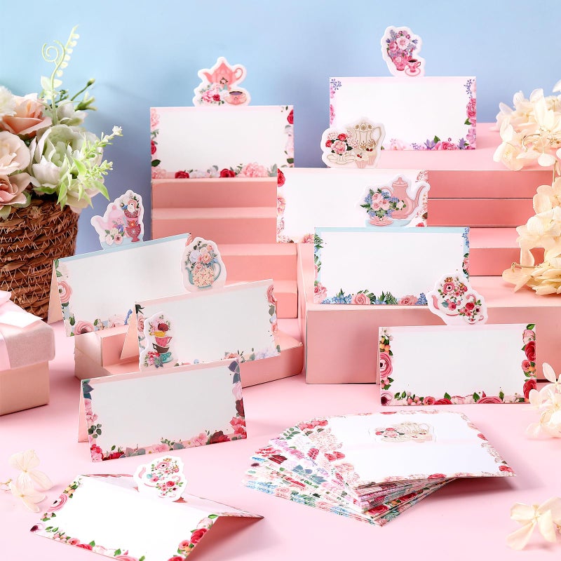 Fullhawl 48 Pcs Tea Party Theme Place Card Floral Tea Party Themed Tent Style Cards Teapot Seating Name Tags Flower Place Card Holders Seating Place Cards for Wonderland Tea Party Placement - Image 2