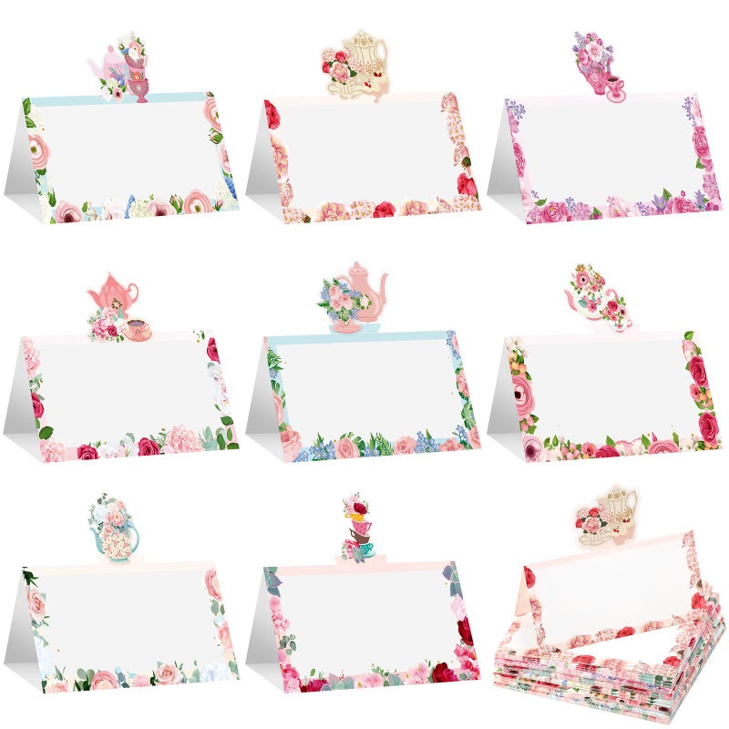 Fullhawl 48 Pcs Tea Party Theme Place Card Floral Tea Party Themed Tent Style Cards Teapot Seating Name Tags Flower Place Card Holders Seating Place Cards for Wonderland Tea Party Placement - Image 1