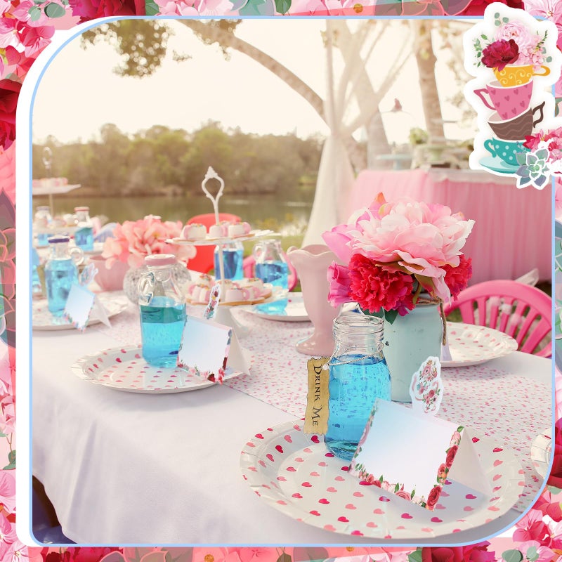 Fullhawl 48 Pcs Tea Party Theme Place Card Floral Tea Party Themed Tent Style Cards Teapot Seating Name Tags Flower Place Card Holders Seating Place Cards for Wonderland Tea Party Placement - Image 5