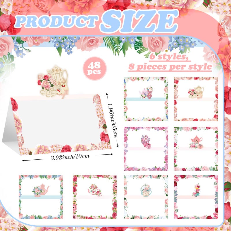 Fullhawl 48 Pcs Tea Party Theme Place Card Floral Tea Party Themed Tent Style Cards Teapot Seating Name Tags Flower Place Card Holders Seating Place Cards for Wonderland Tea Party Placement - Image 3