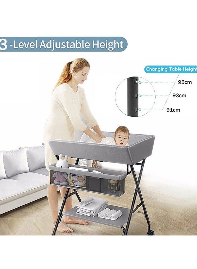 Portable Foldable Baby Diaper Changing Table With Wheels, Mobile Nursery Organizer For Newborn Essentials - Grey - Image 1