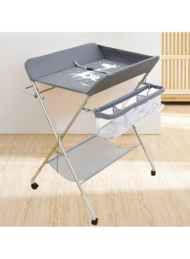 Portable Foldable Baby Diaper Changing Table With Wheels, Mobile Nursery Organizer For Newborn Essentials - Grey - Image 2