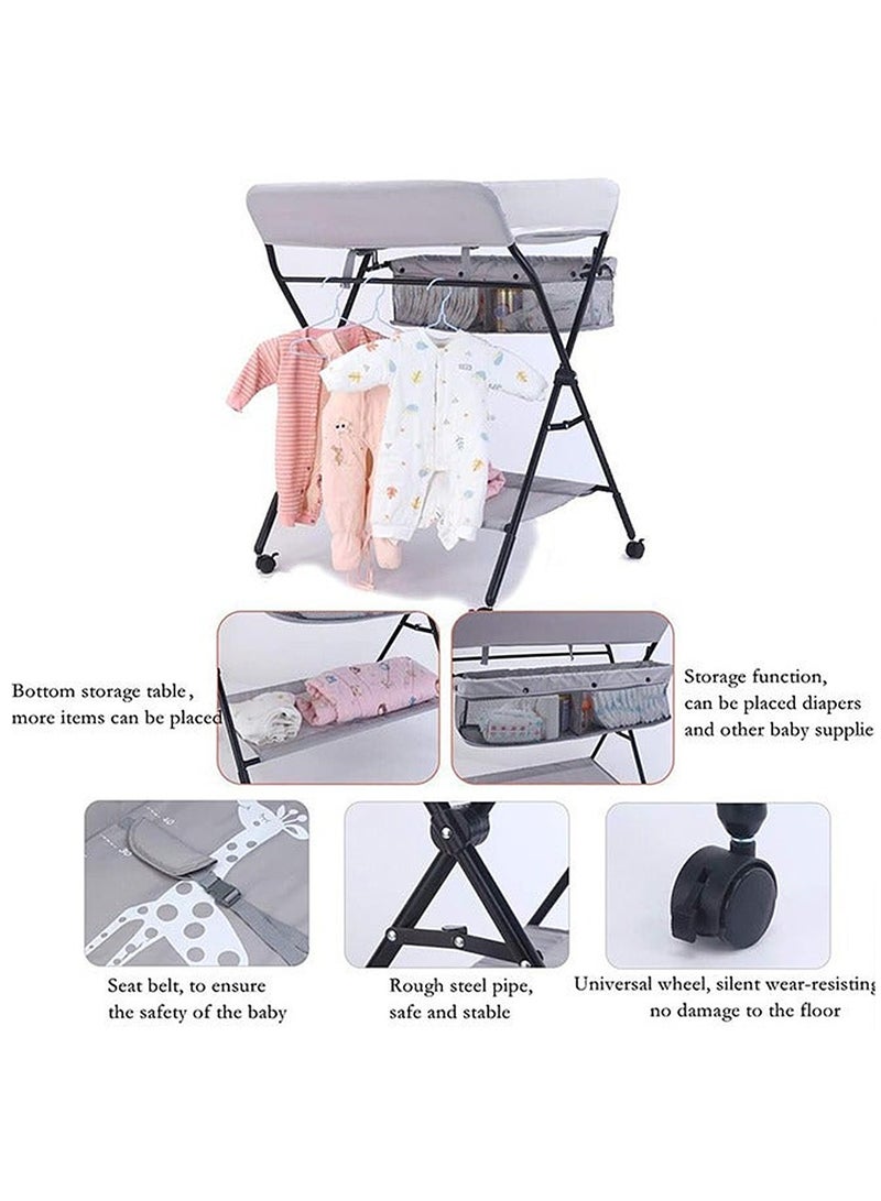 Portable Foldable Baby Diaper Changing Table With Wheels, Mobile Nursery Organizer For Newborn Essentials - Grey - Image 3
