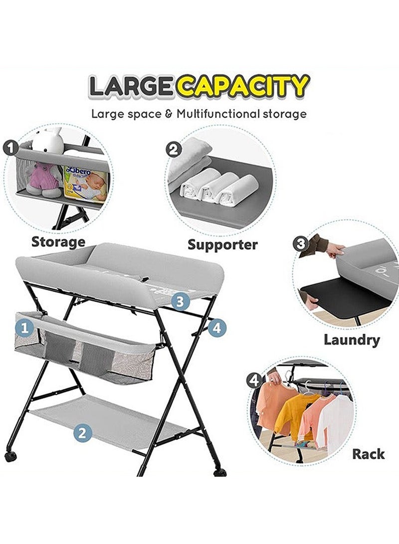 Portable Foldable Baby Diaper Changing Table With Wheels, Mobile Nursery Organizer For Newborn Essentials - Grey - Image 4