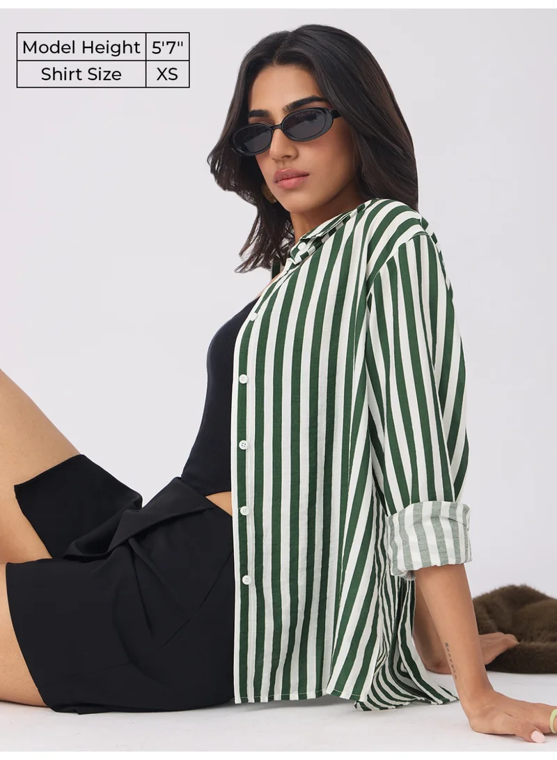 ذا سوليد ستور The Souled Store Textured Line: Pine Women and Girls Full Sleeves Spread Collar Geometric Printed Viscose Nylon Regular Fit Lightweight Eco-Friendly Summer Shirt for Casual Wear