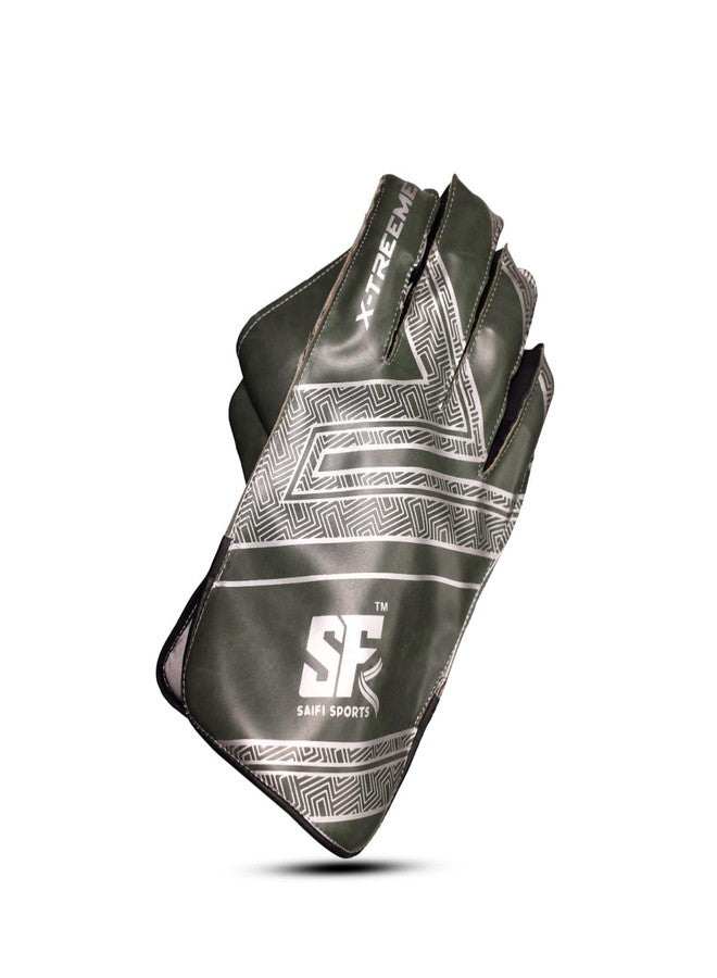قفازات حارس المرمى الاحترافية للكريكيت من SAIFI SPORTS X-Treme، باللونين الأسود والرمادي، بتصميم هندسي، مصنوعة من الجلد الفاخر والشبك للرجال - Image 3