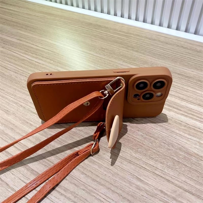 SGVAHY for iPhone 16 Pro Max Case with Strap Card Holder Crossbody Lanyard, Cute Phone Wallet Case for Women Girls, Brown Heart Design Leather Purse Soft Silicone Cover for iPhone 16 Pro Max - Image 5