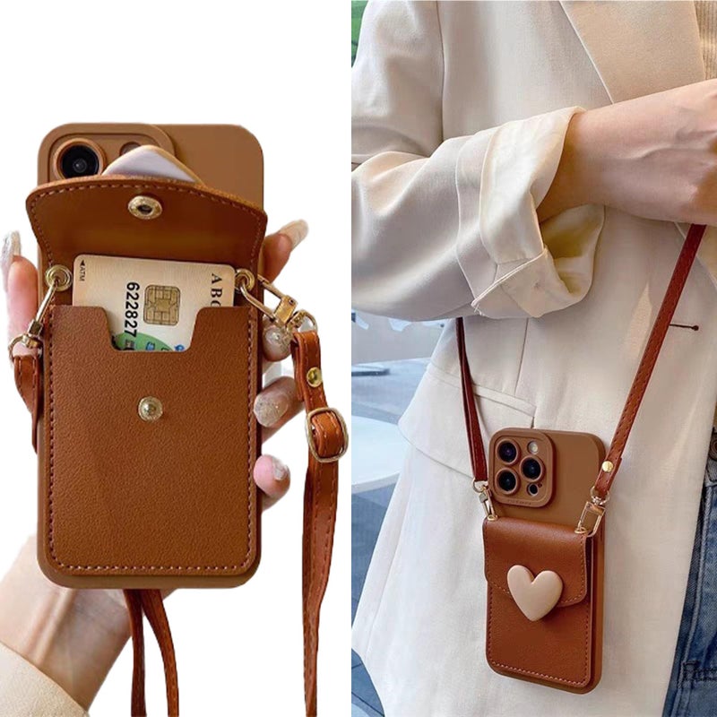 SGVAHY for iPhone 16 Pro Max Case with Strap Card Holder Crossbody Lanyard, Cute Phone Wallet Case for Women Girls, Brown Heart Design Leather Purse Soft Silicone Cover for iPhone 16 Pro Max - Image 1