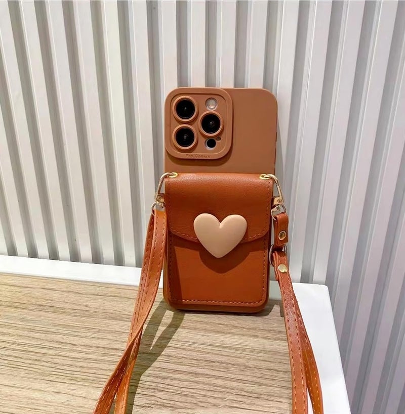 SGVAHY for iPhone 16 Pro Max Case with Strap Card Holder Crossbody Lanyard, Cute Phone Wallet Case for Women Girls, Brown Heart Design Leather Purse Soft Silicone Cover for iPhone 16 Pro Max - Image 4