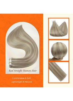 Fshine Full Shine Tape in Hair Extensions Human Hair 18 Inch Blonde Remy Human Hair Tape in Extensions Color 18/613 Ash Blonde Highlight with Platinum Blonde Invisible Hair Extensions Tape in 20Pcs 50Grams  - Image 2