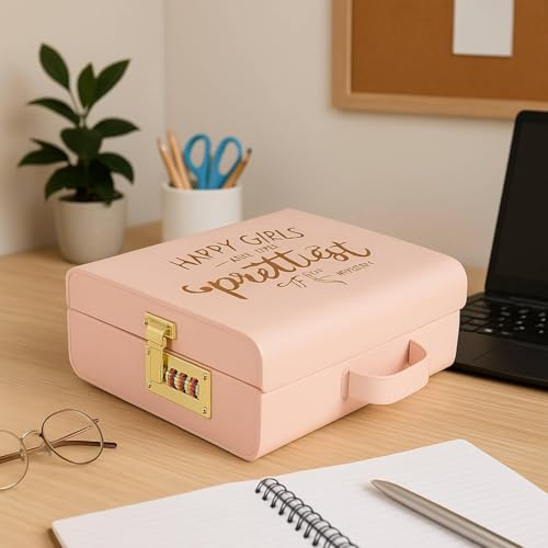 Elan Vintage Style Metal Briefcase Happy Girls Decorative Storage Box with Gold Accents Lockable Treasure Chest Jewelry Box and Gift Trunk for Home Décor Organizer Box for Gifting (Light Pink) - Image 1