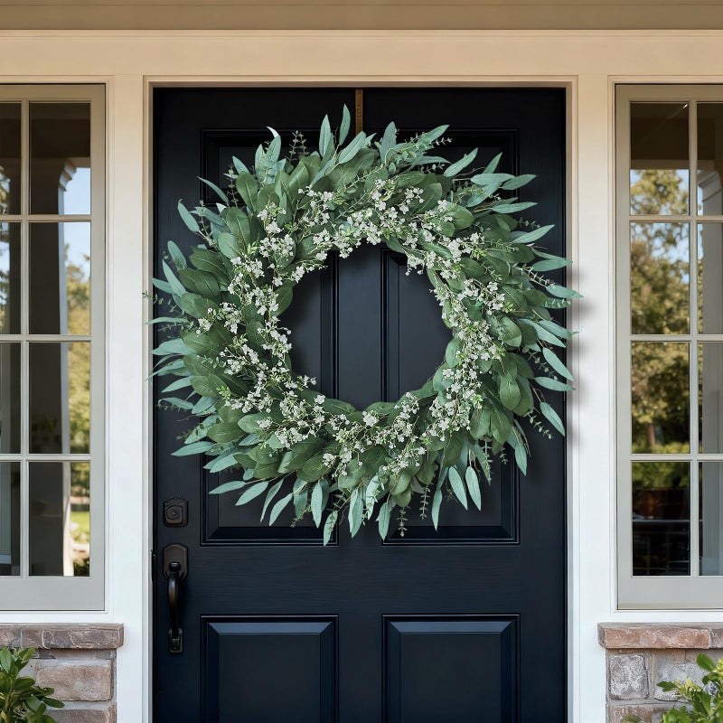 YXZZWL 32'' Eucalyptus and Babys Breath Flowers Wreath for Front Door - Large Artificial Greenery Outdoor Wreath for Porch,Window,Farmhouse,Home,Hanging Decor- Spring, Summer, All Seasons (Green-White) - Image 2