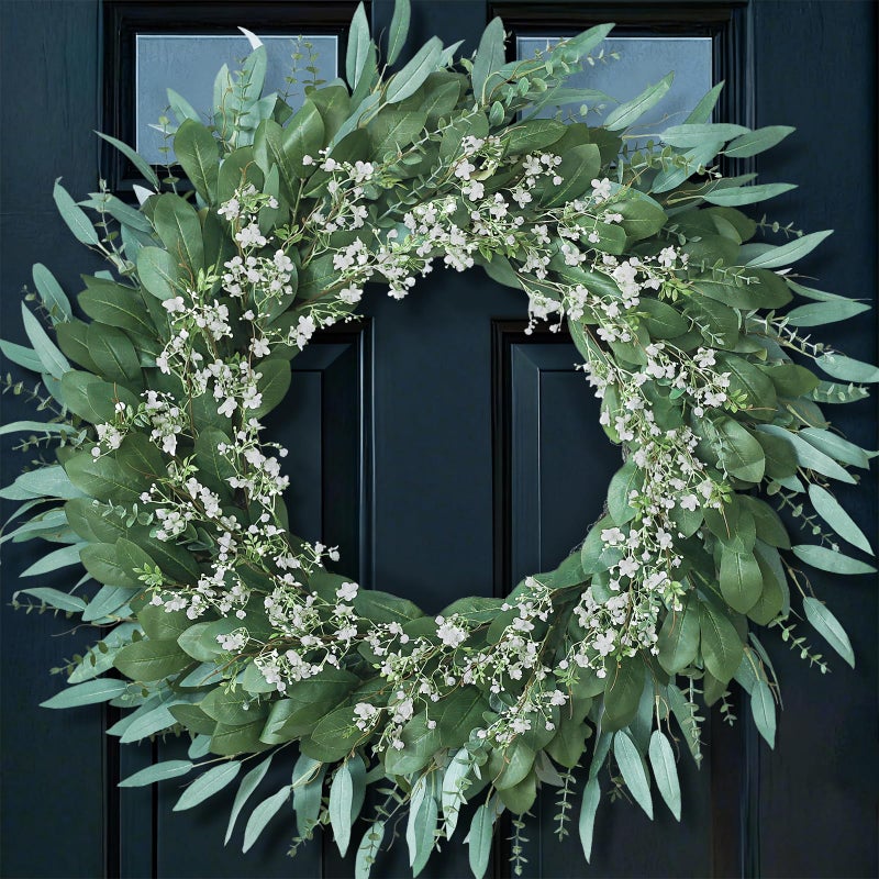 YXZZWL 32'' Eucalyptus and Babys Breath Flowers Wreath for Front Door - Large Artificial Greenery Outdoor Wreath for Porch,Window,Farmhouse,Home,Hanging Decor- Spring, Summer, All Seasons (Green-White) - Image 1