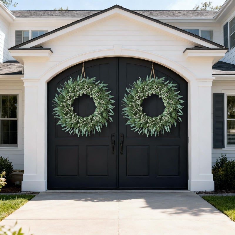 YXZZWL 32'' Eucalyptus and Babys Breath Flowers Wreath for Front Door - Large Artificial Greenery Outdoor Wreath for Porch,Window,Farmhouse,Home,Hanging Decor- Spring, Summer, All Seasons (Green-White) - Image 3