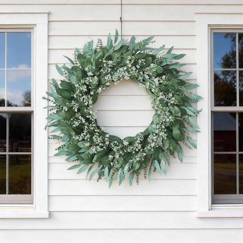 YXZZWL 32'' Eucalyptus and Babys Breath Flowers Wreath for Front Door - Large Artificial Greenery Outdoor Wreath for Porch,Window,Farmhouse,Home,Hanging Decor- Spring, Summer, All Seasons (Green-White) - Image 4