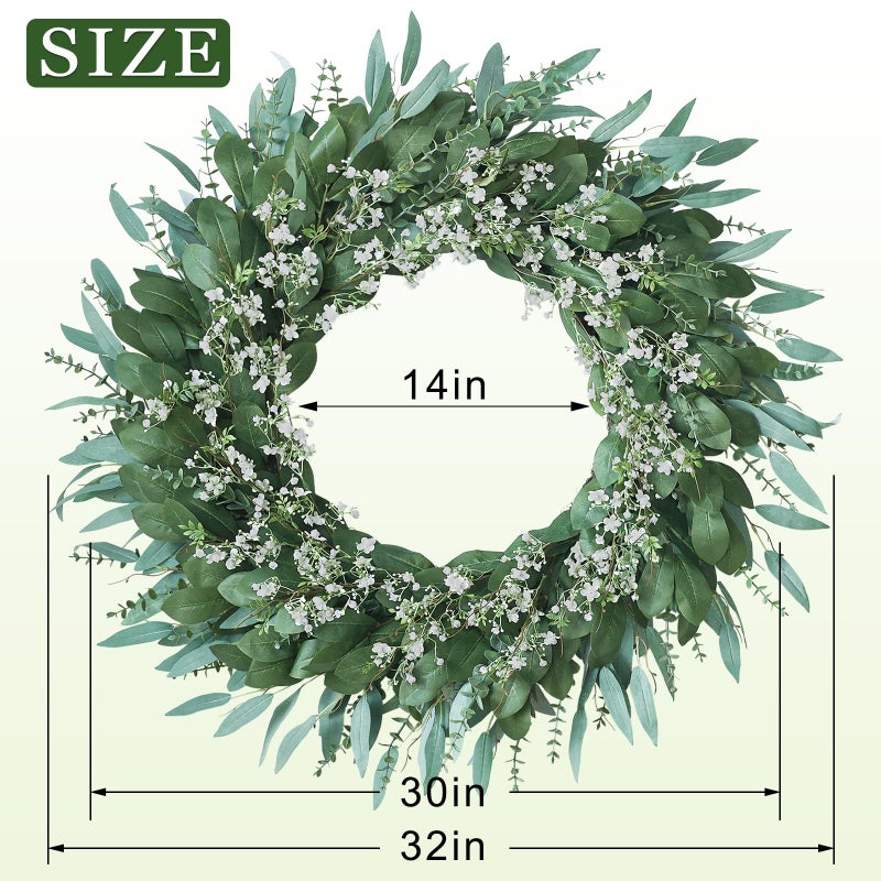 YXZZWL 32'' Eucalyptus and Babys Breath Flowers Wreath for Front Door - Large Artificial Greenery Outdoor Wreath for Porch,Window,Farmhouse,Home,Hanging Decor- Spring, Summer, All Seasons (Green-White) - Image 5