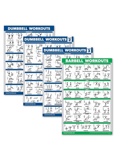 Learning 4 Pack - Dumbbell Workout Posters Volume 1, 2 & 3 + Barbell Exercise Chart - Set Of 4 Posters (Laminated, 18" X 24")