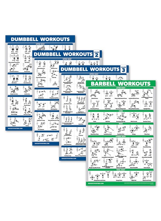 Palace Learning Learning 4 Pack - Dumbbell Workout Posters Volume 1, 2 & 3 + Barbell Exercise Chart - Set Of 4 Posters (Laminated, 18" X 24")  - Image 1