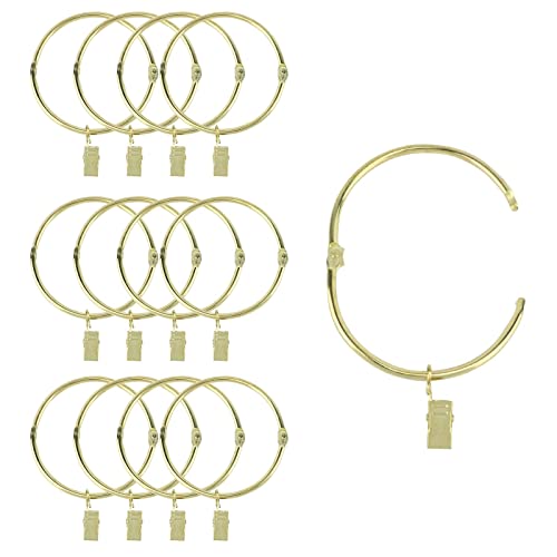 Suneration 12 Pack Openable Curtain Rings with Clips Metal Hangers Ring 3 inch Interior Diameter Rust Proof for Heavy Duty Vintage Decorative Drapery Eyelet Curtain Rods Gold