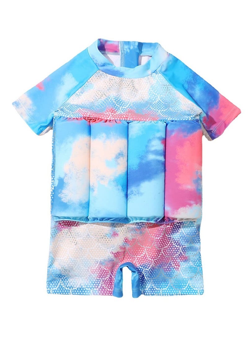 SYOSI بدلة سباحة عائمة للأطفال من قطعة واحدة مع طفو قابل للتعديل بدلة سباحة بأكمام قصيرة برسوم كرتونية (3-4 سنوات، أزرق + قشور سمكة) - Image 1