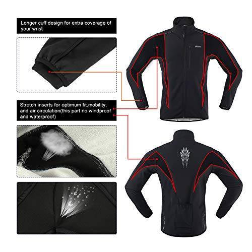 ARSUXEO Winter Warm UP Thermal Softshell Cycling Jacket Windproof Waterproof Bicycle Mountain Bike Clothes 15-K Black Size Medium - Image 5