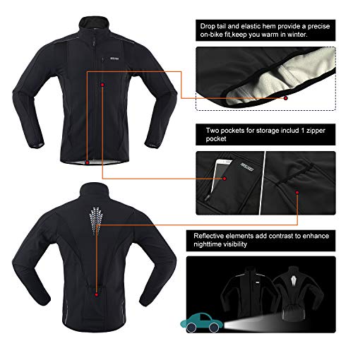 ARSUXEO Winter Warm UP Thermal Softshell Cycling Jacket Windproof Waterproof Bicycle Mountain Bike Clothes 15-K Black Size Medium - Image 4