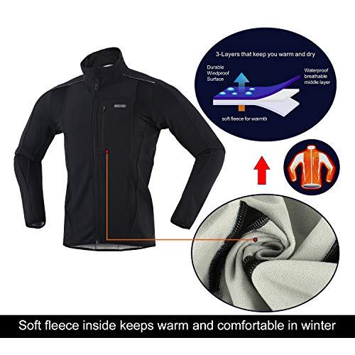 ARSUXEO Winter Warm UP Thermal Softshell Cycling Jacket Windproof Waterproof Bicycle Mountain Bike Clothes 15-K Black Size Medium - Image 3