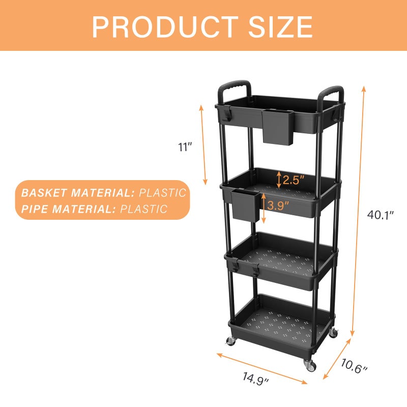 REBECAT 4 Tier Rolling Utility Cart with Handle,REBECAT Utility Cart Made of Multifunctional Storage Organizer Tool for Kitchen,Bathroom,Living Room,Office(Black) - Image 5